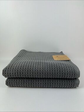 Ecoexistence Bath Towels Oversized Dark Gray Waffle Weave Soft Cotton 2 Pc NEW